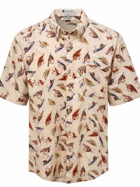 Columbia Men’s Fishing Shirt XL Beige Fly Lure Print Short Sleeve Outdoor UPF